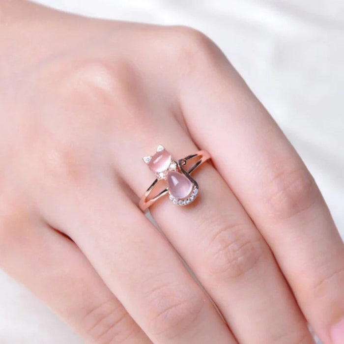 Anillo de cristal rosa con diseño de rosa de gato lindo japonés y coreano