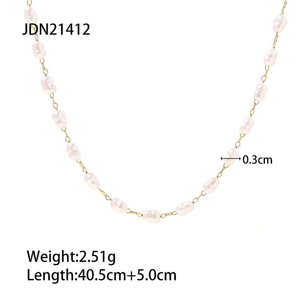 18K Gold-Plated Stainless Steel Pearl Necklace - Trendy Layered Design for Women