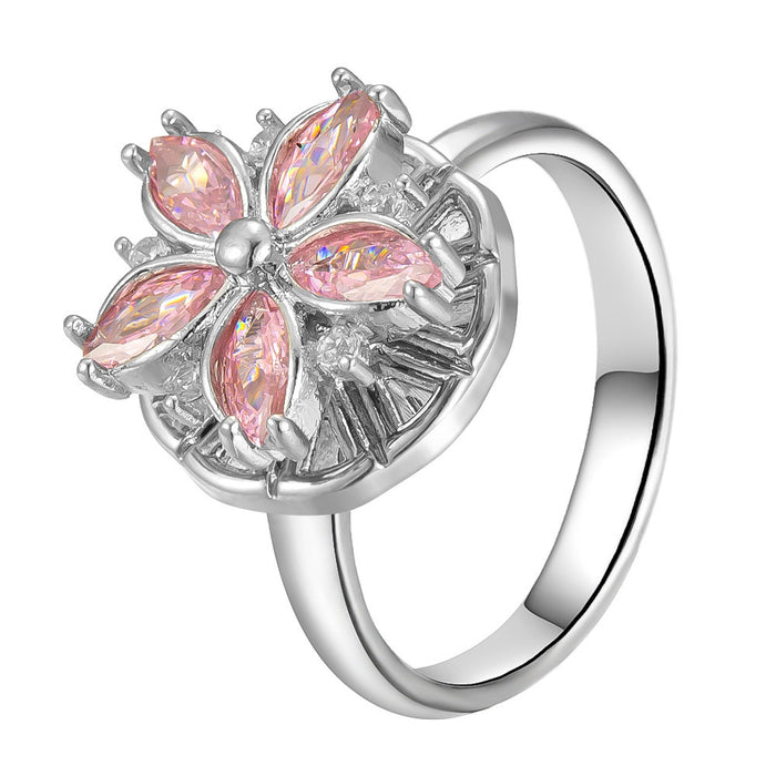 Wholesale 18K real gold plated pink cherry blossom 360-degree rotating ring