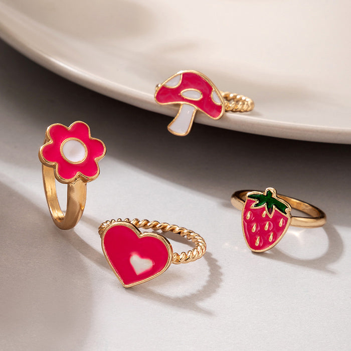 Red Mushroom Flower Strawberry Ring 4-Piece Set