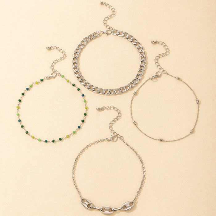 Seed Bead Metal Chain Anklet Four-Piece Set with Fashion Multi-Layer Chain