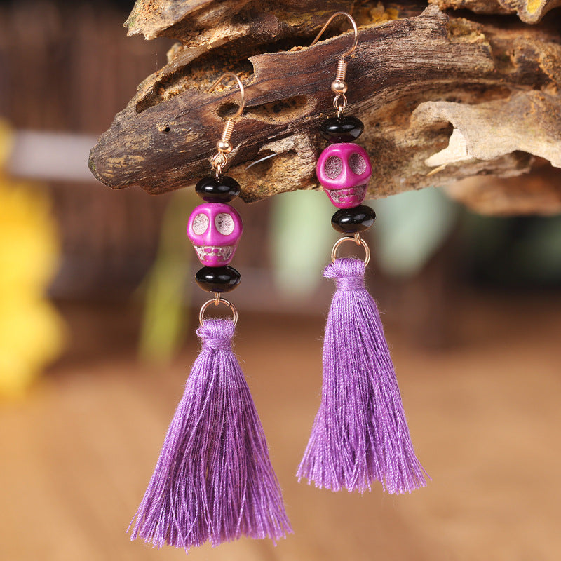 Halloween Skull and Pumpkin Tassel Clay Earrings - Bold and Original Design