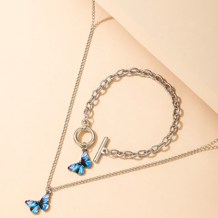 Blue Butterfly Jewelry Set - Animal Geometric Bracelet Necklace Combo