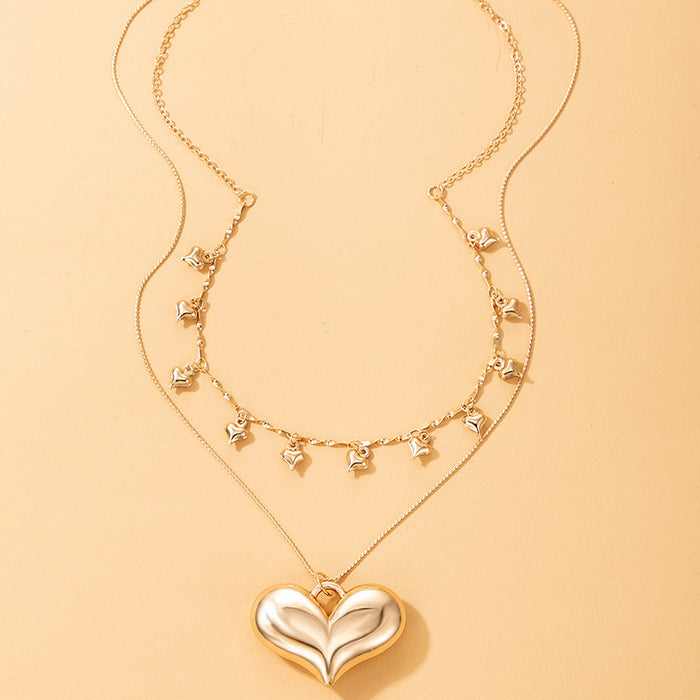 Colorful Heart Chain Double Layer Necklace with Gold Geometric Multi-Layer Design