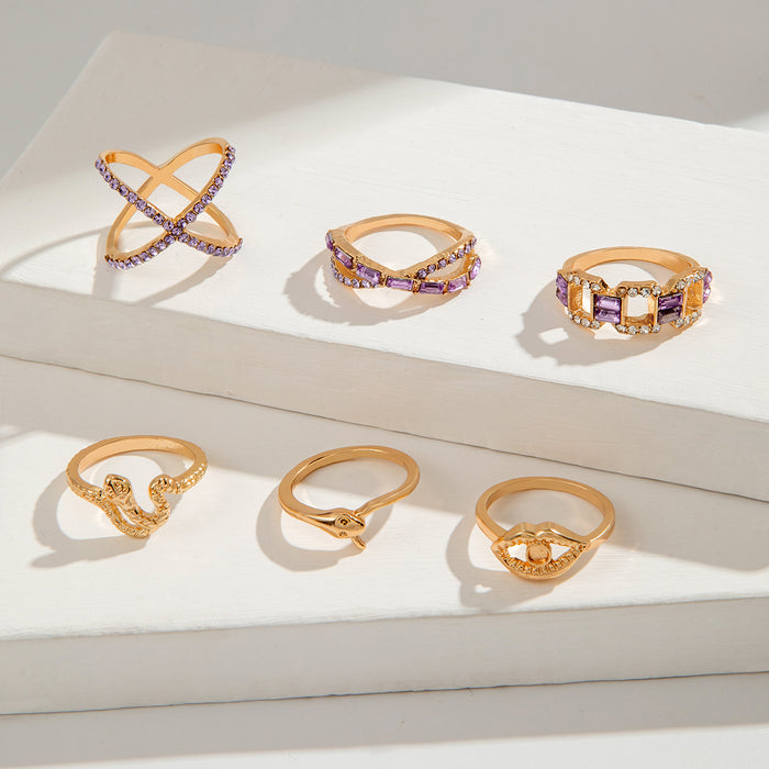 Fashionable Snake-Shaped Gold Ring Set with Geometric Cut-Outs – 6-Piece Collection