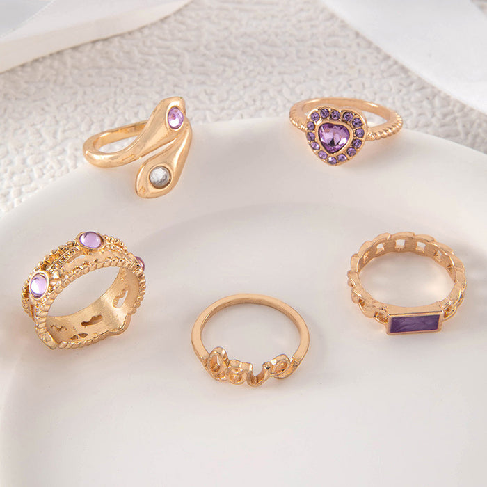 Purple Heart Letter Gemstone Ring Set - 5pcs Exaggerated Snake Rings