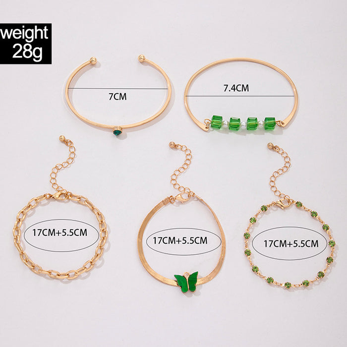 Juego de pulseras de piedras preciosas con forma de mariposa verde: cadena con bloques de colores y joyas con cuentas