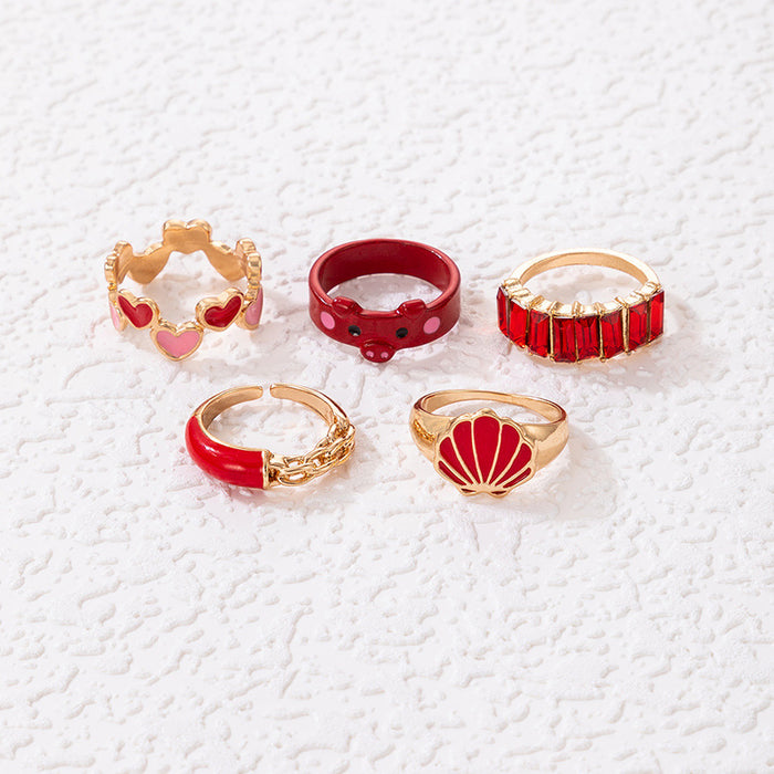 Love piggy dripping oil scallop ring set, geometric red imitation gem five-piece set