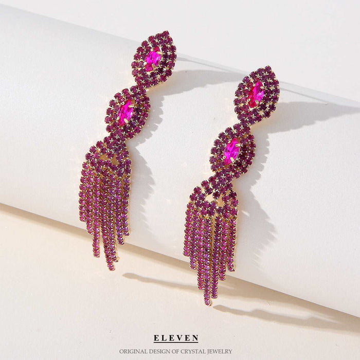 Pink tassel chain diamond earrings