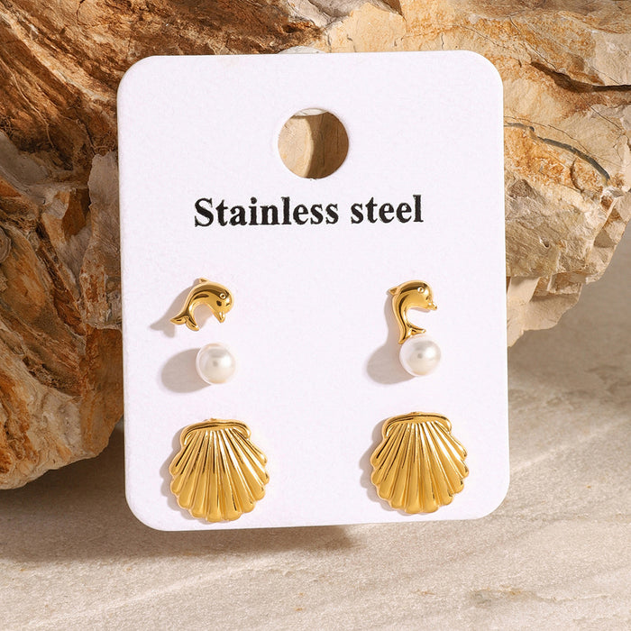 Stainless steel pearl earrings dolphin shell earrings