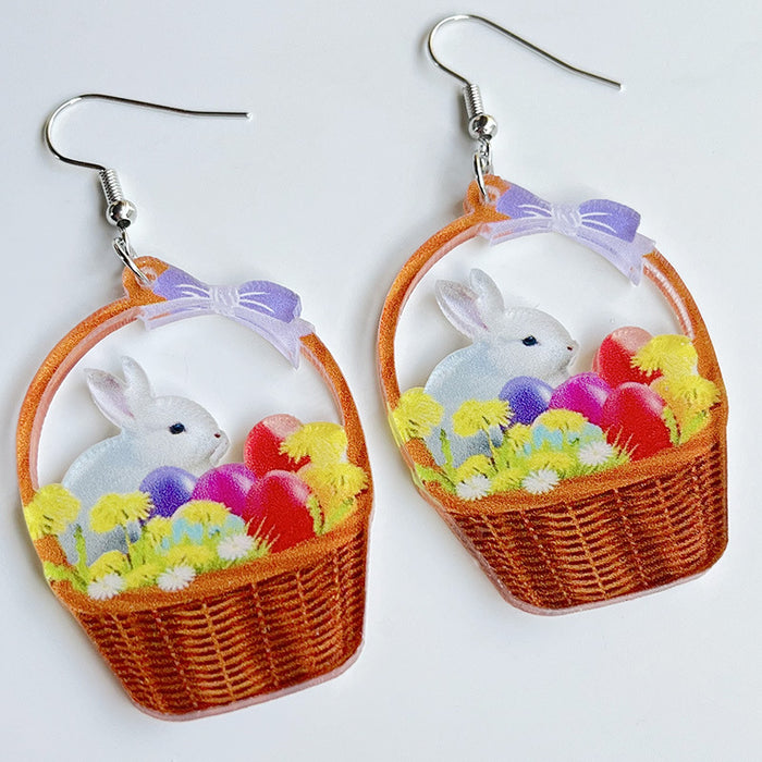 Easter Earrings with Bunny, Flower Basket, and Colorful Egg Designs