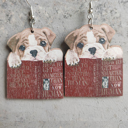 Wooden school cat book earrings