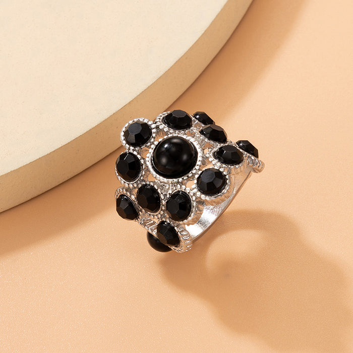 Punk Black Gemstone Rings - 1pc Set