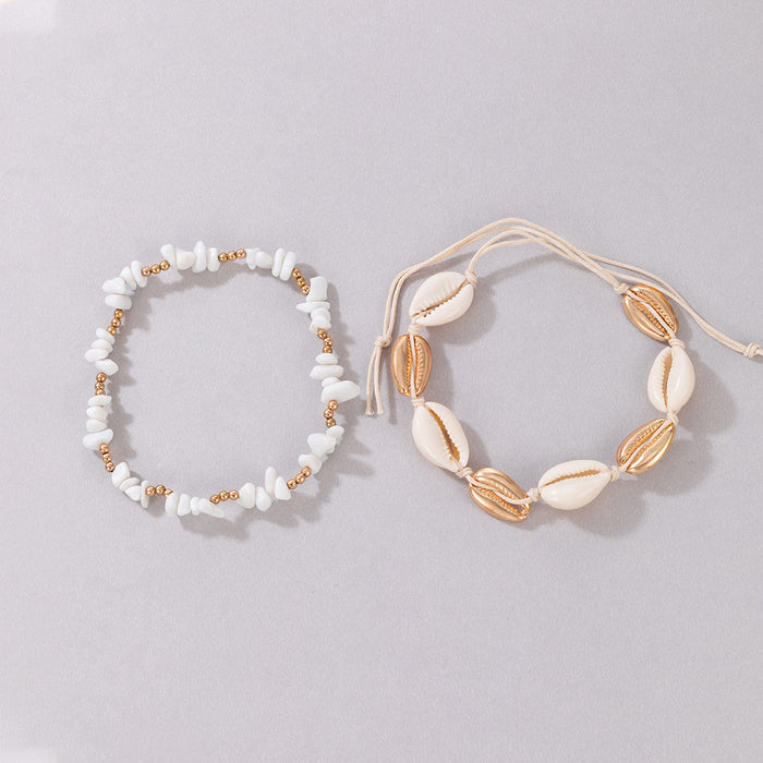 Beach-Style Multi-Layer Anklet with White Pebble Shell and Beaded Design