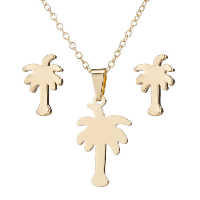 Palm Tree Stainless Steel Jewelry Set - Tropical Summer-Inspired Necklace and Earrings