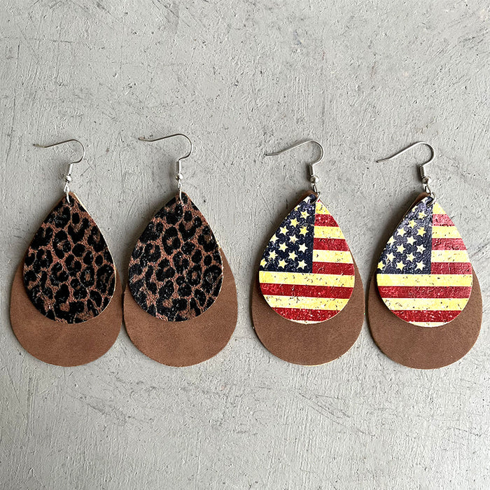 Western Cowboy Leopard Print and American Flag Double Layer Teardrop Earrings