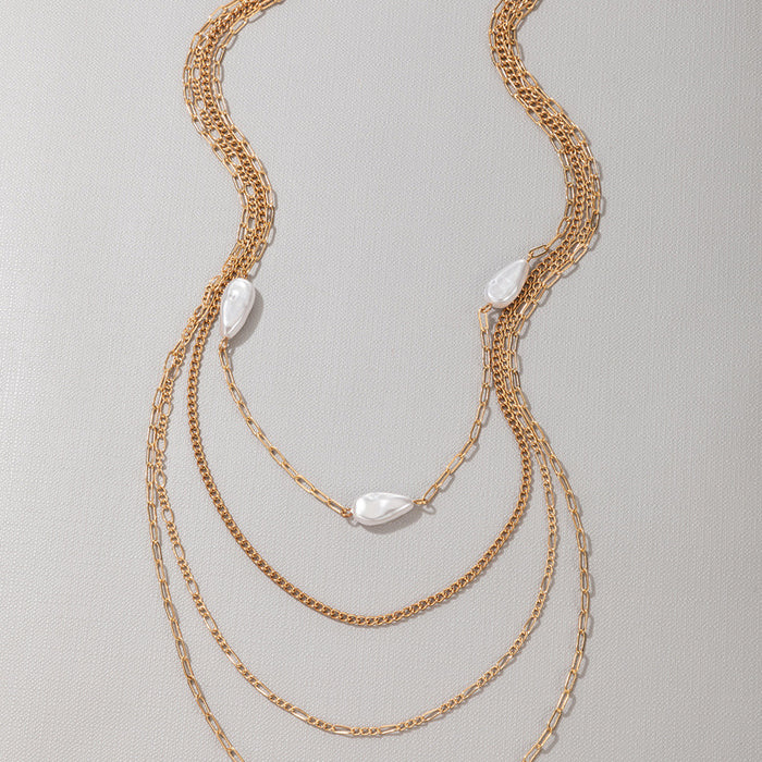 Baroque Style Pearl Chain Four-Layer Necklace with Irregular Geometric Elements