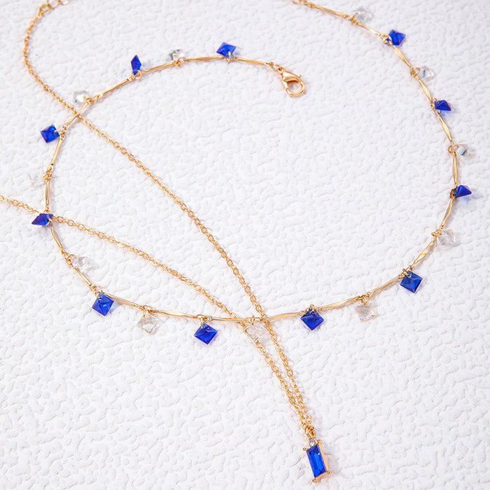 Simple Colorful Rhinestone Tassel Necklace with Sapphire Pendant