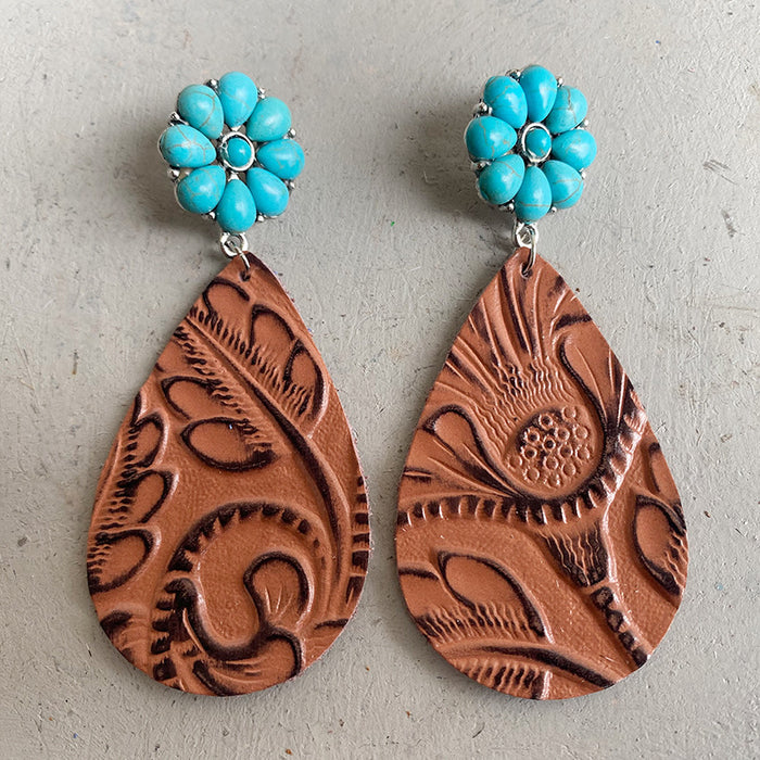 Embossed Leather Earrings with Bohemian Floral Turquoise and Pumpkin Flower Design