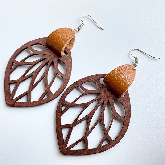 Wooden hollow leaf earrings