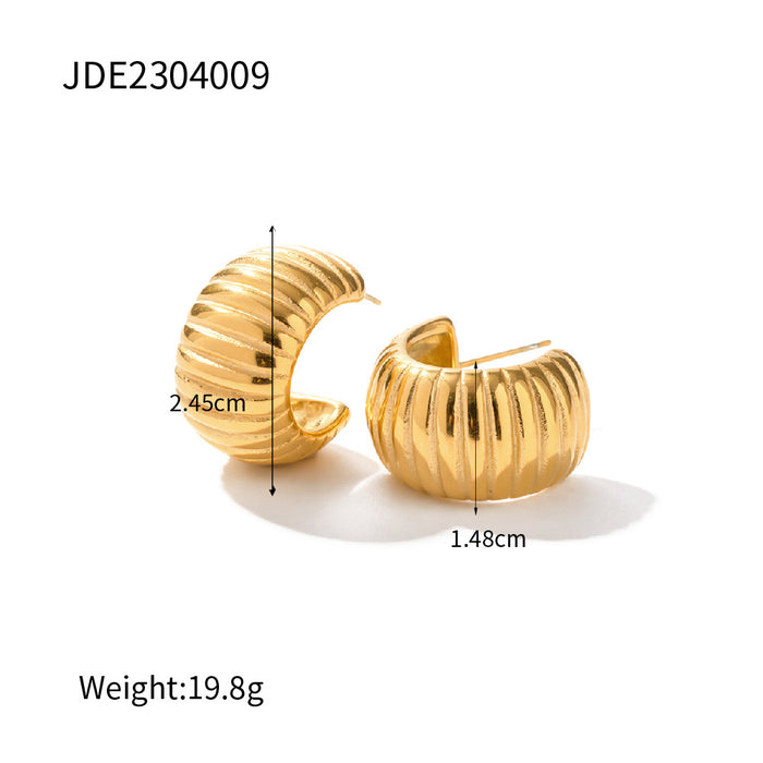 18K Gold Plated Stainless Steel Earrings - Bread Texture C-Shaped Design