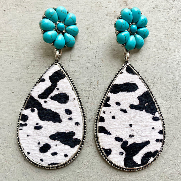 Western Animal Print Leather Earrings with Bohemian Style and Turquoise Pumpkin Flower Design