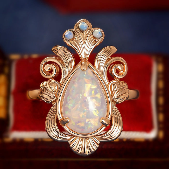 Women's water drop leaf three-claw micro-inlaid imitation opal ring