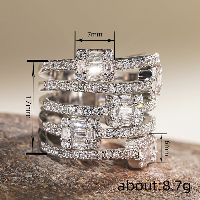 Women's multi-layered ring with micro-set half-circle diamonds