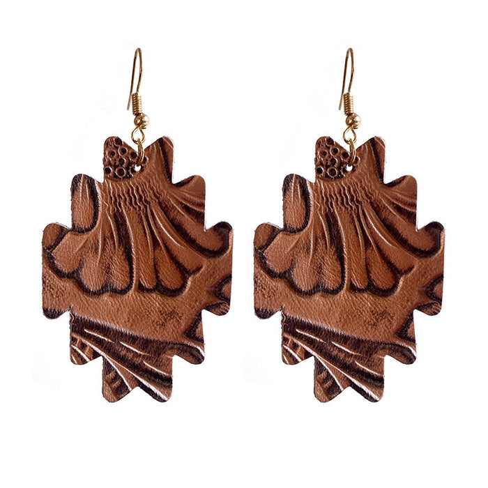 Western Cowboy Earrings with Aztec Trim and Embossed Leather Design