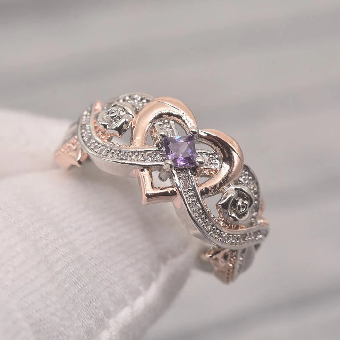 Anillo de oro rosa con circonitas de dos tonos en forma de corazón, anillo de diamantes estilo princesa