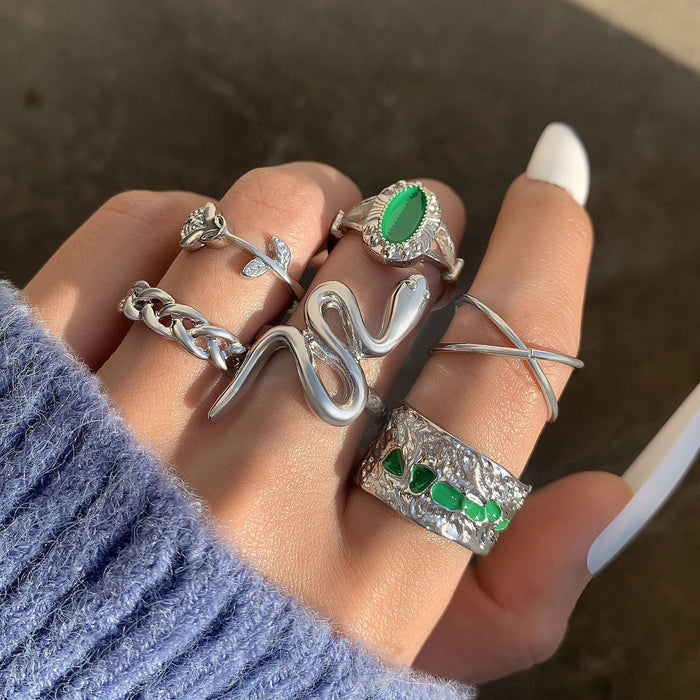 Bohemian Rose Snake 6-Piece Silver Ring Set