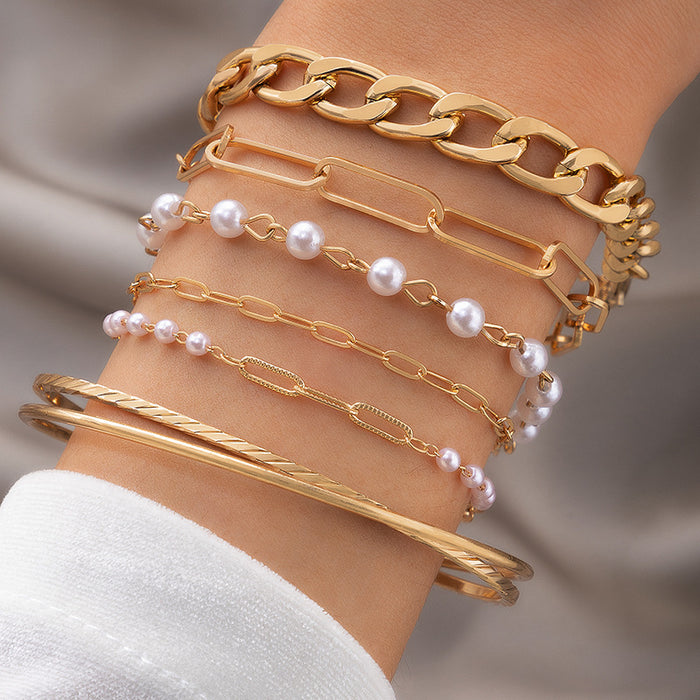 Conjunto de seis pulseras de cadena de perlas: conjunto de joyas con puños huecos de aleación con cruz