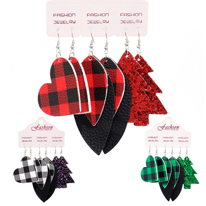 Christmas Set Earrings with Buffalo Plaid Hearts and Christmas Tree Design