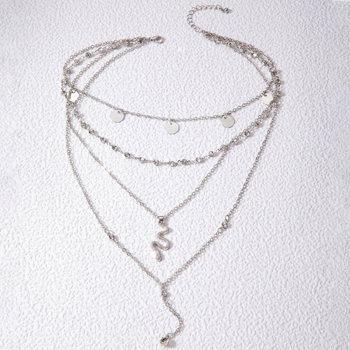 Layered Snake and Round Pendant Tassel Necklace