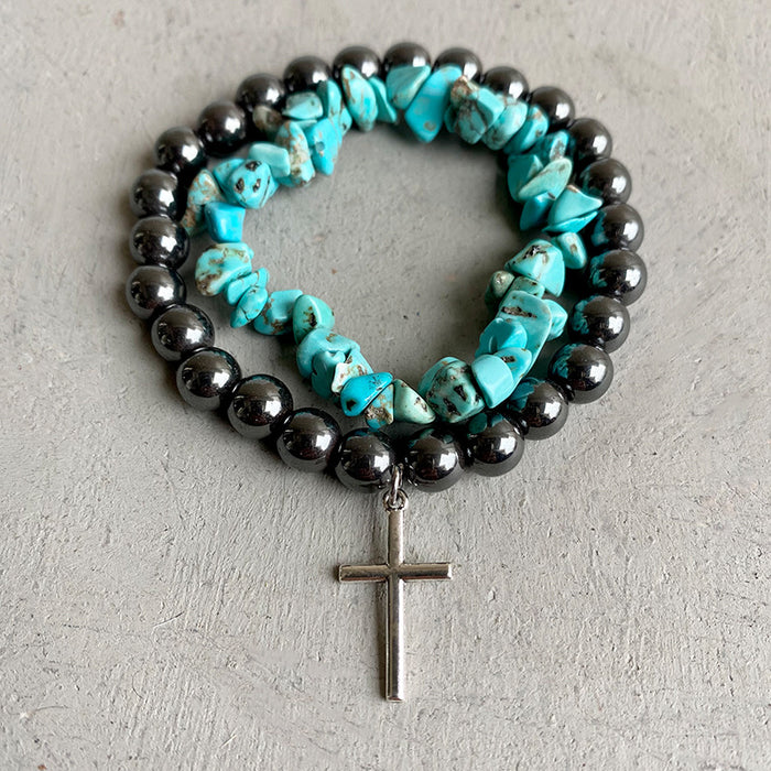 Western Style Multi-Layer Turquoise Bead and Faux Pearl Bracelet Set