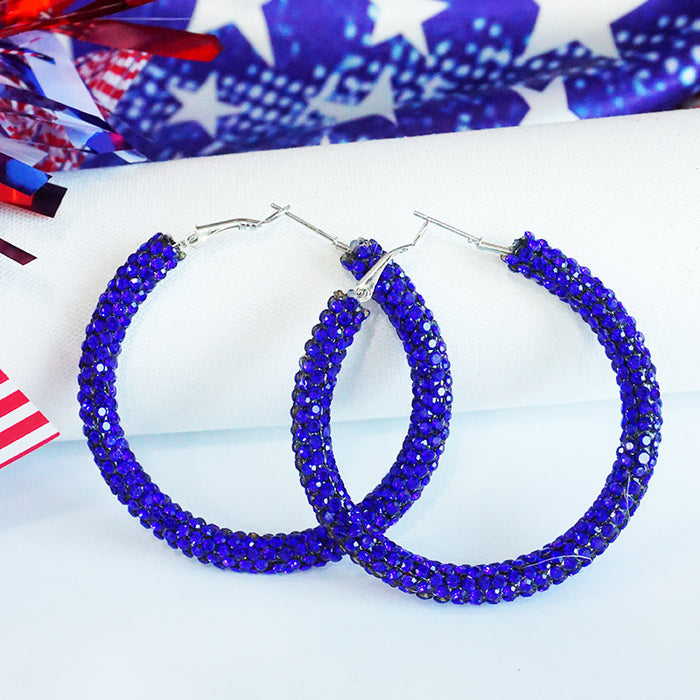 Independence Day Hoop Earrings with Sparkling Rhinestones in Patriotic Colors