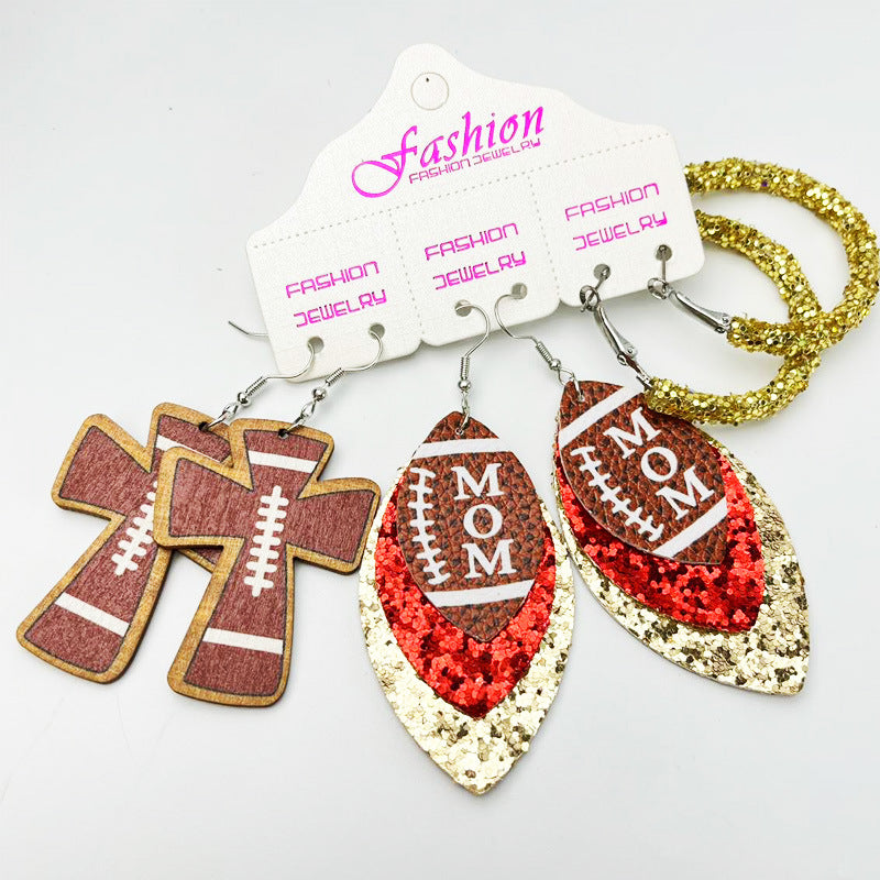 Football Mom Leather Earring Set with Cross and Glitter Hoop Design