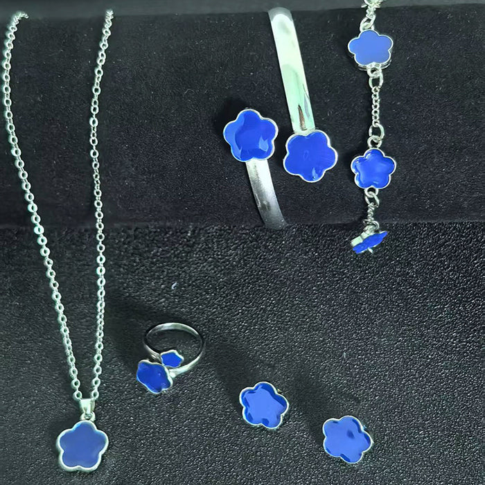 Wholesale 5-piece set of five-petal flower necklace, bracelet, bangle, earrings, and ring - wallojewerly 