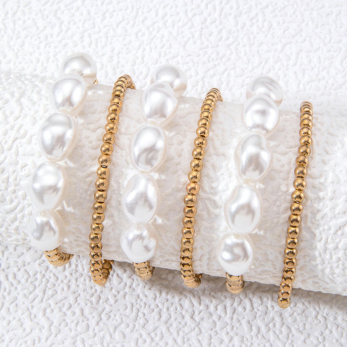 Minimalist Geometric Pearl Bracelet Set - Six-Piece Metal Bangle Stack