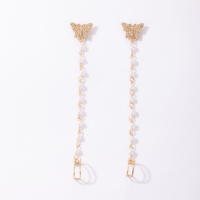 Exaggerated style butterfly diamond U-shaped pearl ear clip combination earrings