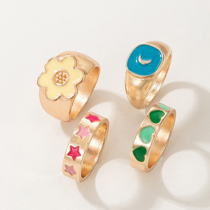 Colorful oil drip love flower star moon ring 4-piece set