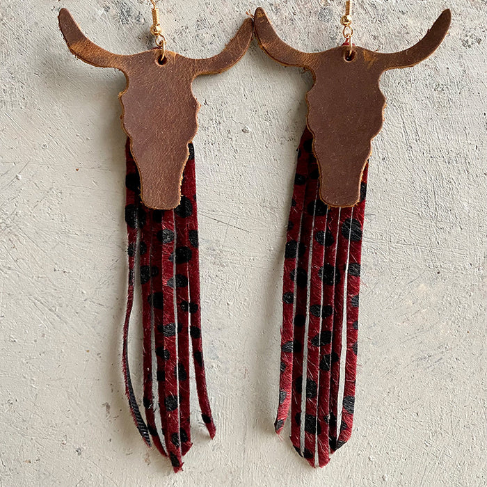 Western Cowboy Crazy Horse Leather Earrings with Bullhead Tassel Design