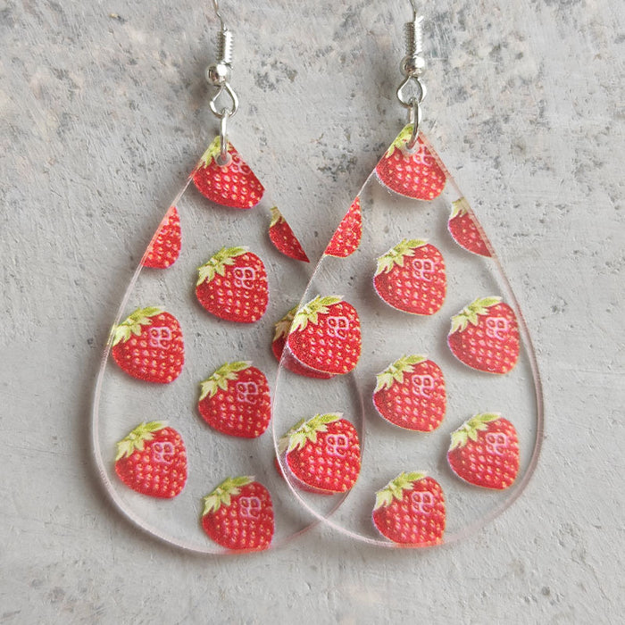 Teardrop Transparent Summer Fruit Earrings with Avocado, Strawberry, Papaya, and Kiwi Designs