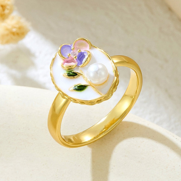 Wholesale copper micro-inlaid enamel painted drip flower open ring