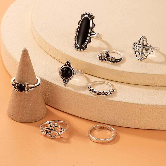 Fashionable and personalized black gemstone diamond cross flower alloy ring eight-piece set