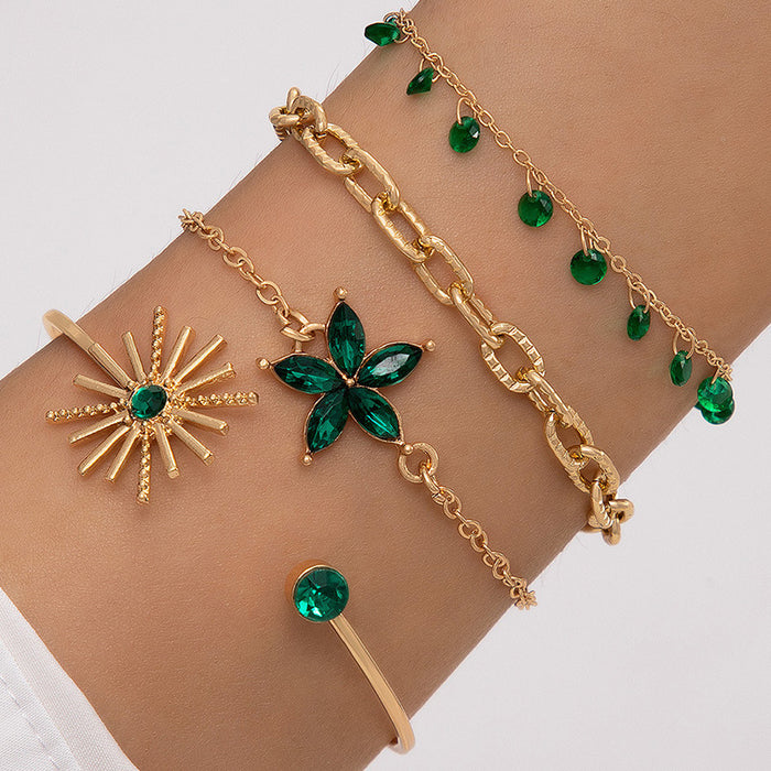 Emerald Three-Leaf Clover Bracelet Set - Green Rhinestone Hand Jewelry