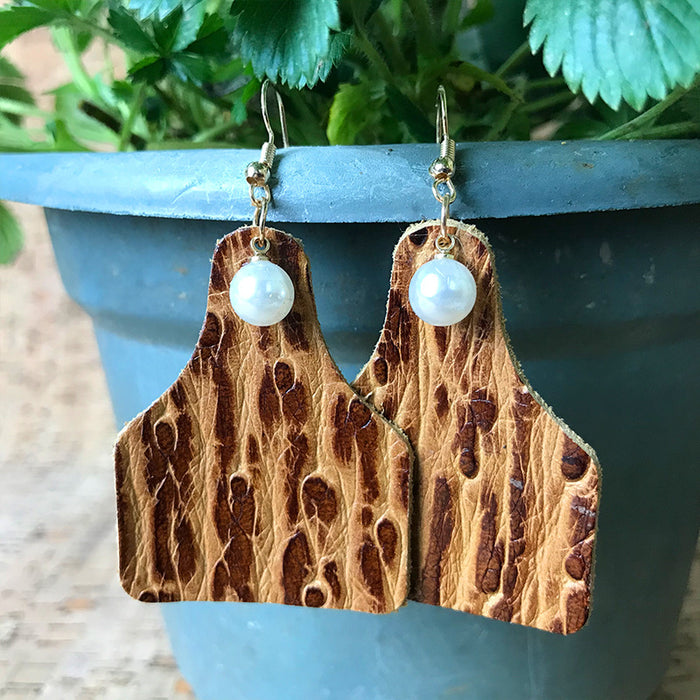 Vintage Floral Print Cowhide Earrings with Bottle Pendant and Faux Pearl