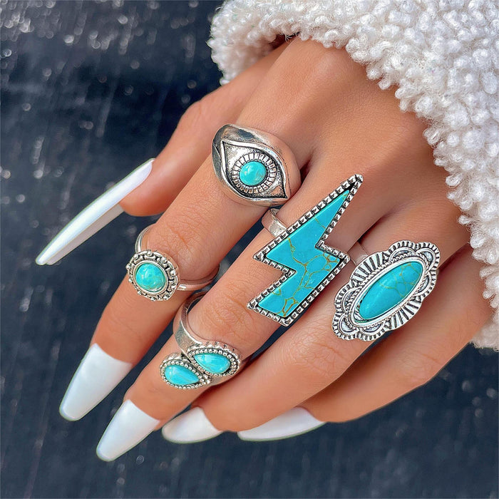 Bohemian Turquoise Lightning Ring Set - 5-Piece Vintage Eye Rings