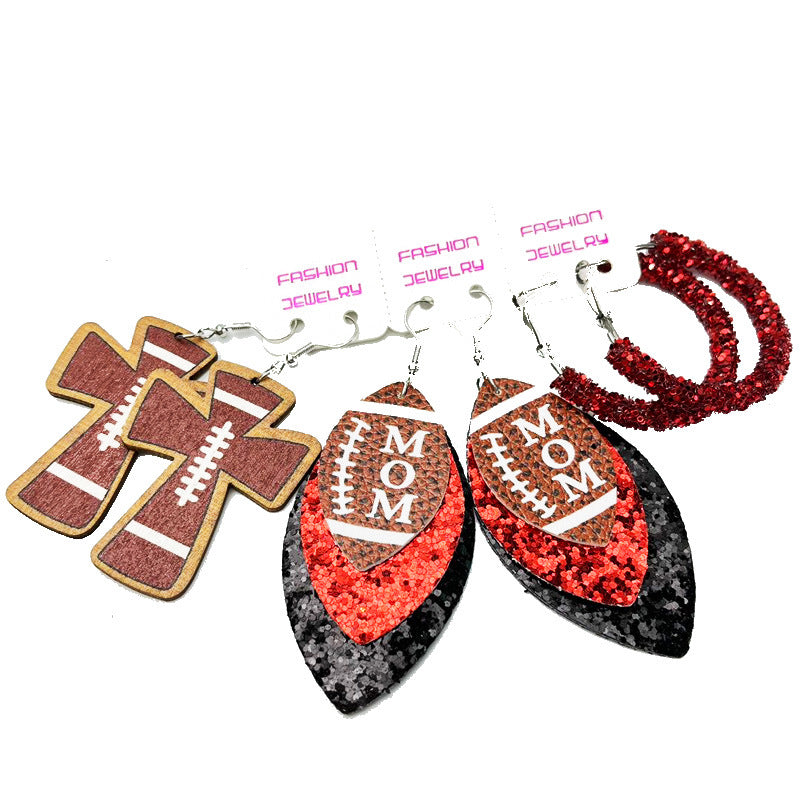 Football Mom Leather Earring Set with Cross and Glitter Hoop Design
