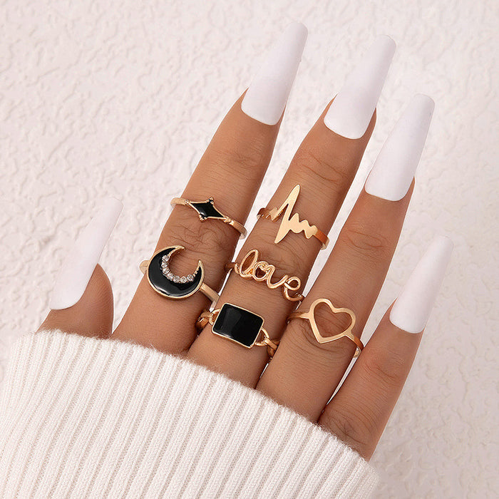 Trendy Cool Stackable Cut-Out Heart Ring Set – Simple Wave Love Letter Enamel Rings, 6-Piece Collection